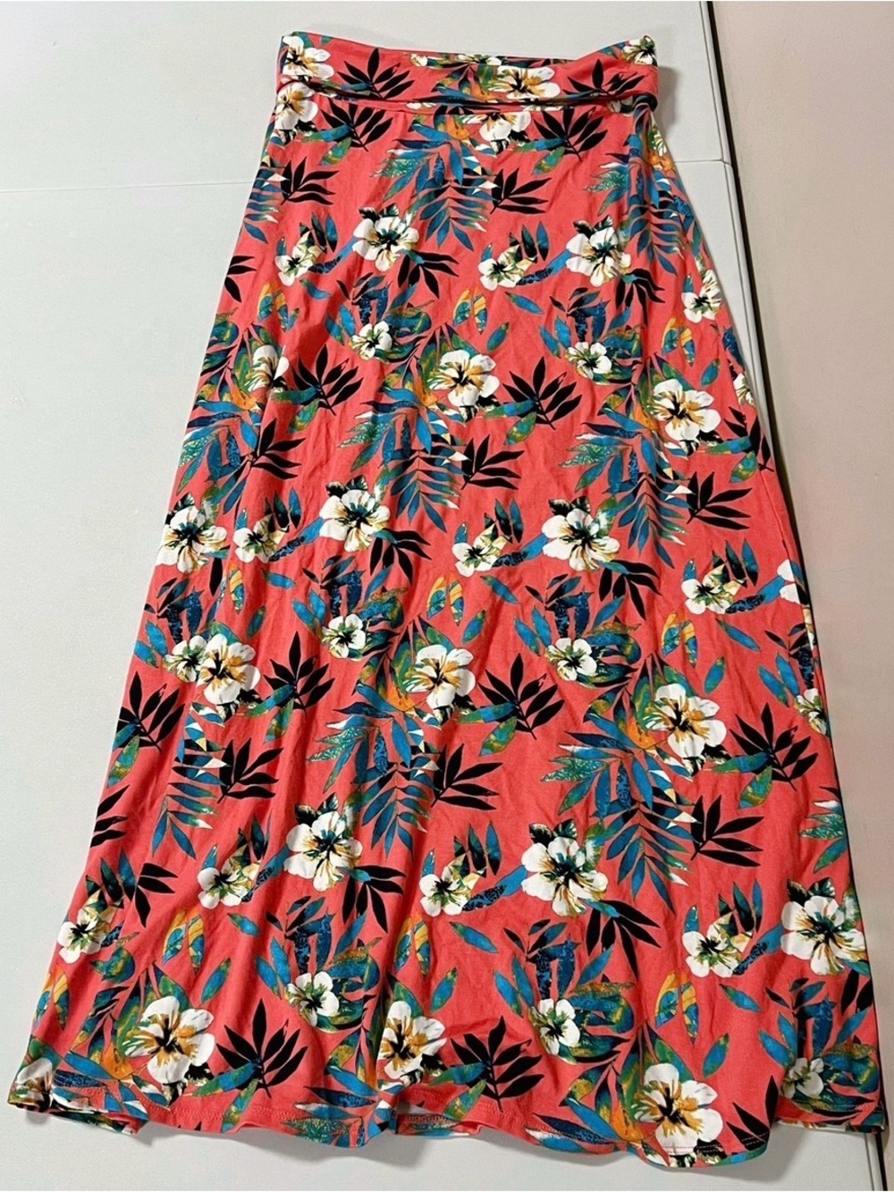 Loveappella Coral Hibiscus Tropical Floral Fold Over Y2K Maxi Skirt Size S 🌺✨